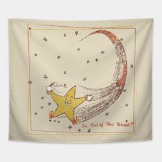 a yellow star is flying in the sky above a crescent with stars on it and an inscription that says, you can't miss bed