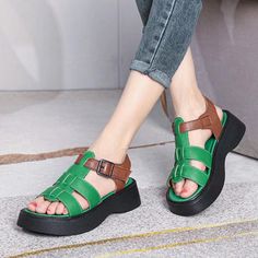 Women's Casual Shoes: GP1255 Leather Roman Wedges with Woven Thick Sandals | Touchy Style Thick Sandals, Women's Casual Shoes, Genuine Leather Sandals, Korean Jewelry, Going To The Beach, Sandals Casual, Green Shoes, Platform Wedge, Comfortable Sandals