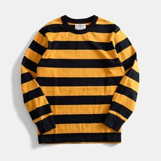 Heavyweight 280g Cotton Horizontal Stripe Casual T-shirt Yellow-S Sporty Striped Crew Neck T-shirt, Sporty Yellow Long Sleeve T-shirt, Striped Crew Neck Sweatshirt For Streetwear, Striped Long Sleeve T-shirt For Streetwear, Striped Long Sleeve Relaxed Fit T-shirt, Striped Short Sleeve Fall T-shirt, Striped Short Sleeve T-shirt For Fall, Fall Striped Short Sleeve T-shirt, Yellow Relaxed Fit Long Sleeve T-shirt