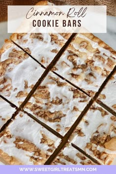 cinnamon roll cookie bars with white frosting on top and brown sugar in the middle