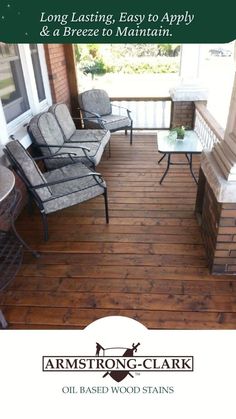 the front porch with chairs and tables on it is featured in this ad for wood stain