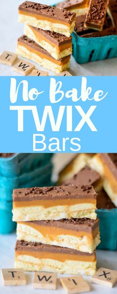 no bake twix bars stacked on top of each other