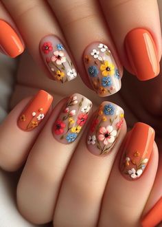 Go for glam! ✨ Elevate your orange tiny flowers and vines nail art with a touch of metallic gold or silver accents for a touch of sophistication. (Floral Nail Art Ideas) Cherry Blossom Nails Design, Pastel Nail Art, Pink Nail Art Designs, Simple Spring Nails, Thanksgiving Nail Designs, Chic Nail Art, Easter Nail Designs, Cute Spring Nails, Daisy Nails