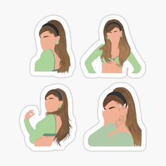 four stickers with the same woman's face and hair in different positions, including one