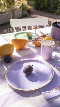 the table is set with plates, cups and fruit on it for an outdoor meal