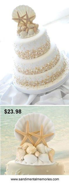 two pictures with different types of wedding cakes on the same page, one has starfish and seashells on it