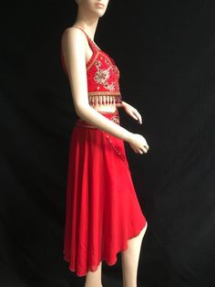 Ballet dress - Elegant ballet dress which can be use for ballet "La Bayadera". Decorated with golden appliques, gold & red rhinestones, & hand made red beads tassels. The top bodice made of red semi-stretch satin. The skirt make of red silk chiffon with rhinestones glued on the skirt edge. The bodice has two rows of hooks for comfortable adjustment. This is a custom made order. It will take 2-3 weeks to compete.  We need your body measurements in order to get started.  Please see photos Red Sequined Dress With Traditional Drape, Bollywood Style Red Festival Dress, Fitted Traditional Dance Dress, Red Embellished Festival Dresses, Red Embellished Dresses For Festivals, Red Bollywood Dress With Gold Embroidery, Beads Tassels, Ballet Dress, Red Beads