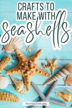 seashells and starfish on a blue background with the words crafts to make with seashells