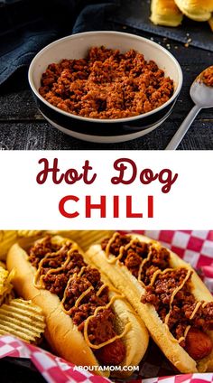 hot dog chili in a white bowl with french fries on the side and another photo