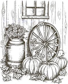 a drawing of pumpkins and an old fashioned wheel on the ground next to a window