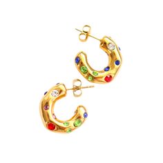 These gold hoops have just the right amount of colorful accents to liven up an everyday piece. Plus, they hug your earlobe and remain comfortably in place all day long! Measures 0.75" Gold Plating, Stainless Steel Posts, CZ Stones Lead and Nickel Free Weighs 0.2 oz Multicolor Huggie Hoop Earrings, Pearl Crystal, Crystal Design, Hug You, Gold Hoops, Cz Stone, Accent Colors, Gold Plating, Gold Plate