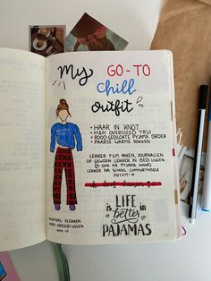 an open notebook with the words, my go - to chief outfit and pictures on it