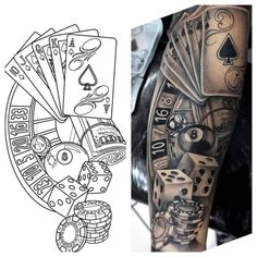 a black and white image of playing cards, dices and casino chips on the arm