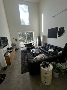 a living room filled with black furniture and lots of windows on the side of it