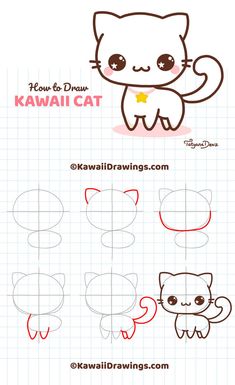 how to draw kawaia cat step by step instructions for kids and beginners