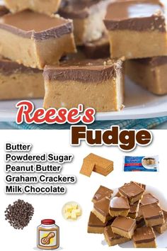 the cover of reese's fudge is shown with chocolate, peanut butter and graham crackers