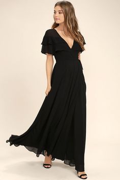 The birds will sing your praises when you glide by in the Wonderful Day Black Wrap Maxi Dress! Sheer Georgette forms ruffled sleeves, and wrapping bodice. Plain Black Maxi Dress, Long Dress With Short Sleeves, Long Black Maxi Skirt, Maxi Dress Short, Black Lace Maxi Dress, Wrap Dress Short, Wrap Maxi Dress, Formal Dresses Gowns, Black Wrap