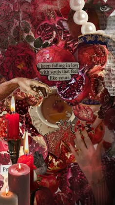 a collage of images with candles, plates and other things in it that are red