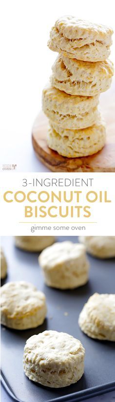 the ingredients for coconut oil biscuits on a baking sheet with text overlay that reads, 3 ingredient coconut oil biscuits