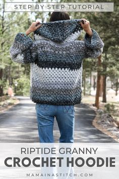 the crochet hoodie pattern is shown with text overlay that reads, how to