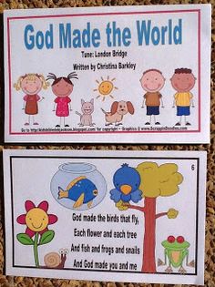 two children's books about god made the world with pictures of animals and birds