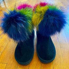 Multicolor Fur Ugg Style Slip On Boots Real Fur Black Ugg Fabric Ankle #Ugg #Ankleboot #Realfur Sz 9 Multicolor Winter Ankle Boots, Ugg Style, Black Uggs, Slip On Boots, Real Fur, Rain Boots, Ankle Boot, Slip On, Women Shoes