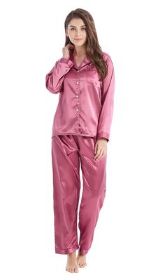 PRICES MAY VARY. High quality satin silk like women's pajamas Nicely tailored Satin Pajama Set with one front pocket on chest. Light weight material with silky feel sleepwear for comfy night sleep. Great gift for family or friend. New dark colored fabric will lose floating color from its surface, especially black. We suggest you wash your new satin products before wearing. If possible, please use neutral detergent to wash, soap or alkaline detergent may increase fading. Wash separately or with l Light Burgundy, Satin Pajama Set, Satin Pajama, Satin Long Sleeve, Pajamas Comfy, Women's Sleepwear, Soft Pajamas, Satin Pyjama Set, Night Sleep