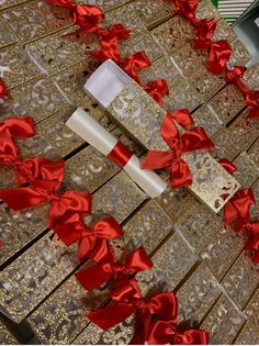 red ribbon on the ground next to an umbrella