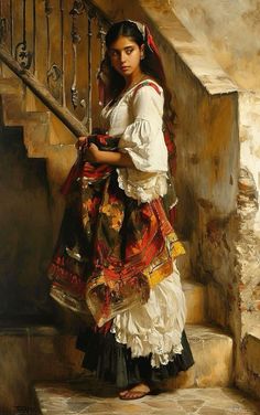 a painting of a woman standing on the stairs