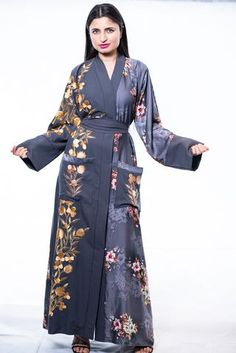 Luxury Long Gold Kimono, Formal Long Sleeve Kimono For Spring, Formal Long Sleeve Spring Kimono, Elegant Fitted Kimono With Floral Print, Elegant Long-sleeved Kimono With Floral Embroidery, Elegant Long Sleeve Kimono With Floral Embroidery, Fall Cocktail Dress, Gray Kimono, Vintage Wrap Dress