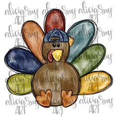 a turkey wearing a baseball cap with the word happy thanksgiving on it's face