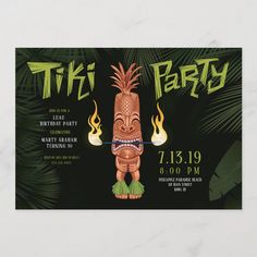 a tiki party poster with fire and flames on the front, and an image of a