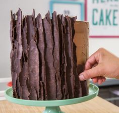 a person holding a piece of chocolate cake in front of a green plate on a table