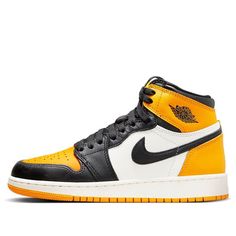 The Air Jordan 1 Retro High OG 'Yellow Toe' is a reimagined version of Mike's iconic silhouette, featuring a fresh colorway of Taxi/Black/Sail. Crafted with a soft cushioning and padded ankle collar for full support, this sneaker is perfect for any activity. Inspired by the original AJ1, this sneaker celebrates the start of something special. With its rubber sole and yellow accents, this sneaker is sure to stand out from the crowd. (AJ1/SNKR/High Top/Basketball) Sporty Yellow High-top Sneakers For Sports, Yellow High-top Sneakers With Boost Midsole For Sports, Yellow Sporty High-top Sneakers For Streetwear, Yellow Sporty High-top Sneakers, Sporty Yellow High-top Sneakers, Yellow Breathable High-top Sneakers For Sports, High-top Yellow Basketball Shoes For Light Sports, Yellow Breathable High-top Sneakers For Streetwear, Breathable Yellow High-top Sneakers For Streetwear