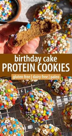 birthday cake protein cookies with sprinkles on a cooling rack