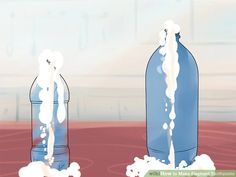 two empty blue bottles are being filled with milk and water as it pours from them