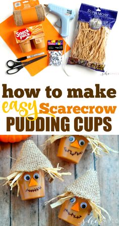 some pumpkins with googly eyes are sitting on the table and there is text overlay that says how to make easy scarecrow pudding cups