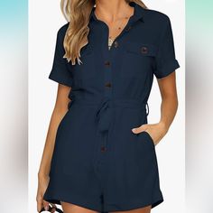 Amazon Navy Blue Romper With Pockets. Nwot From A Smoke Free Home. No Flaws. Xx-Large Fits Size 20 To Size 22. Fabric Type 100% Cotton Care Instructions Machine Wash Womens Rompers With Button Down Front Design And Chest Button-Flap Pockets Providing You An Elegant Looking. Summer Rompers For Women Casual Are Made Of 100% Cotton Fabric. Lightweight, Soft And Comfy. Rompers For Women Casual. One Piece Rompers For Women. Rompers For Women Dressy. Casual Playsuits Rompers With Removable Self-Tie Be Casual Cheap Shortalls With Button Closure, Cheap Dark Wash Button-up Jumpsuits And Rompers, Womens Rompers, Casual One Piece, Summer Street Wear, Summer Rompers, Navy Blue Romper, Casual Playsuit, Jumpsuit Navy Blue