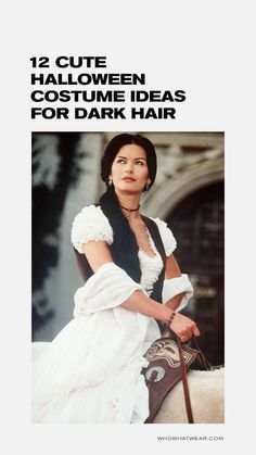 a woman in white dress sitting on top of a horse with text over it that reads 12 cute halloween costume ideas for dark hair