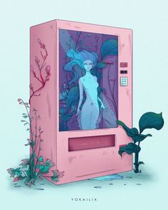 a pink machine with a drawing of a woman on the screen and plants growing out of it