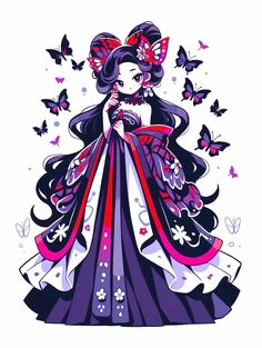 a drawing of a woman in a dress with butterflies around her