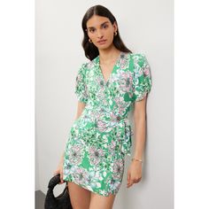 Green floral (94% Rayon, 6% Spandex). Casual dress. Short sleeves. V-neck. Tie closure. 17" from shoulder to hemline. Imported. Fitted V-neck Dress For Summer Brunch, Fitted Summer V-neck Dress With Floral Print, Fitted Floral Print V-neck Dress For Summer, Fitted Floral Dress With Surplice Neckline For Brunch, Fitted V-neck Dress With Short Sleeves For Day Out, Fitted V-neck Floral Dress, Fitted V-neck Dress For Garden Party, Summer Fitted V-neck Dress For Day Out, Fitted Floral Print V-neck Dress For Spring