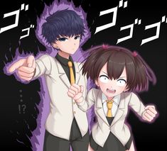 two anime characters pointing at the camera with their hands in front of them, and one holding