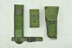 an army green pouch, belt and knife case