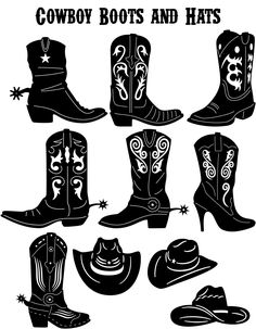 cowboy boots and hats are shown in this black and white image, with the words cowboys written