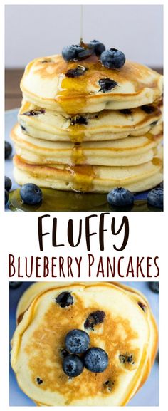 pancakes with blueberries and syrup are stacked on top of each other in front of the words fluffy vanilla - blueberry pancakes