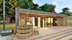 an artist's rendering of a house with a hot tub on the deck outside