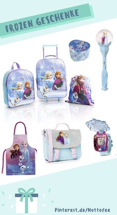 the frozen princess suitcases are shown with their matching bags and purses, as well as other items