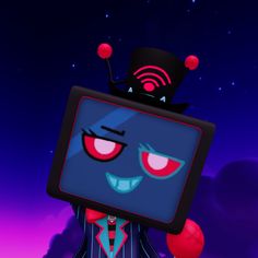 a cartoon character holding up a tv with an evil face on it