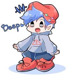 a cartoon character with blue hair wearing red shoes and a pink hat, sitting on the ground